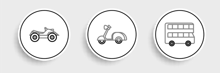 Set line Double decker bus, All Terrain Vehicle or ATV motorcycle and Scooter icon. Vector