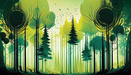 Abstract forest landscape illustration graphic, colorful spring atmosphere forests and leaves in watercolor painting style, by generative AI	