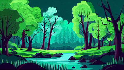 Obraz premium Abstract forest landscape illustration graphic, colorful spring atmosphere forests and leaves in watercolor painting style, by generative AI 