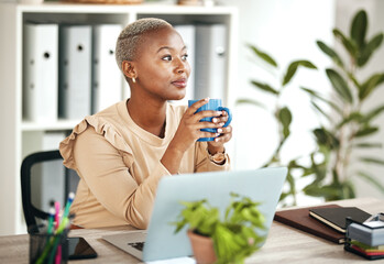 Black woman at desk, thinking with coffee and relax with ideas for content creation at digital marketing startup. Copywriter, laptop and female, contemplating and inspiration for copywriting job