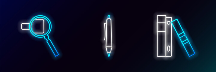 Set line Office folders with papers and documents, Magnifying glass and Pen icon. Glowing neon. Vector