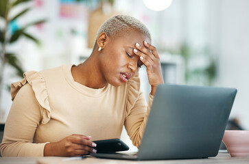 Stress, migraine and African businesswoman in the office while working on project with laptop. Burn...