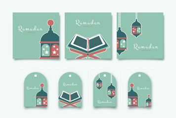 Ramadan Kareem. Set of Islamic greeting card and gift tags with Quran, lanterns. Vector holiday illustration in green colors for your holliday design.
