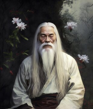 Old Japanese zen master man with long gray beard sitting in meditation in garden with flowers generative ai 
