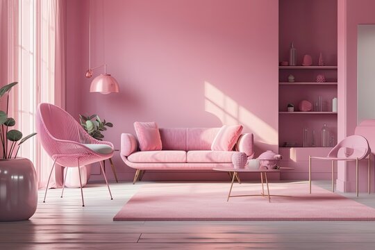 In the living area, the color of 2023 is viva magenta. The room's furnishings and armchair are all in a simple pastel pink monochromatic color scheme. feminine copy space template for Valentine's Day