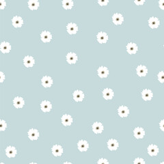 Trendy seamless vector floral pattern. Endless print made of small white flowers. Summer and spring motifs.Blue gray background. Stock vector illustration.