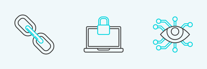 Set line Eye scan, Chain link and Laptop and lock icon. Vector