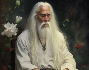 Old Japanese zen master man with long gray beard sitting in meditation in garden with flowers generative ai 