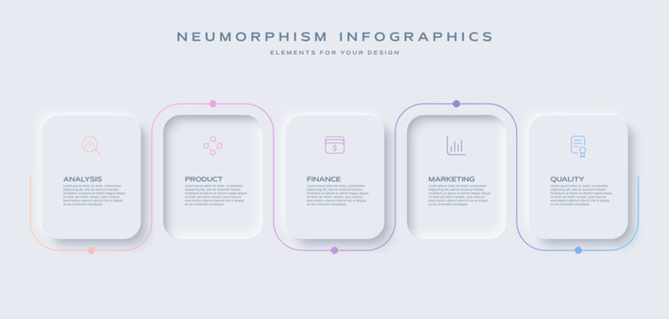 Neumorphism design infographic, 5 step timeline illustration. Minimal clean design.