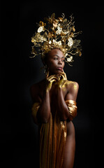  fantasy portrait of beautiful african woman model with afro, goddess silk robes and ornate floral...