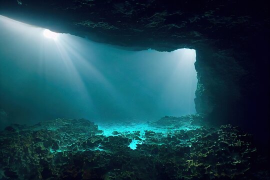 Underwater deep cave in sunlight with stone bottom seascape., created with generative ai