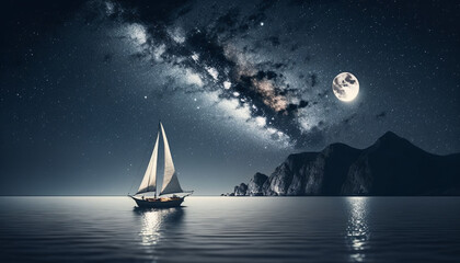 Sailing yacht in the sea at night with full moon. AI generated