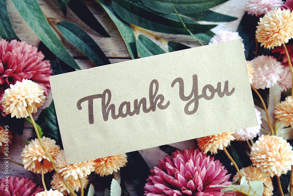 Sticker thank you text message with flower decoration on wooden background - Stickers