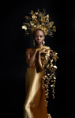  fantasy portrait of beautiful african woman model with afro, goddess silk robes and ornate floral...
