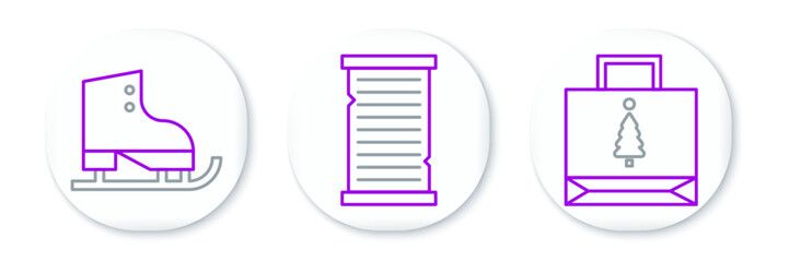 Set line Christmas paper shopping bag, Figure skates and wish list template icon. Vector