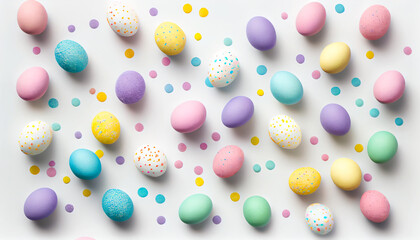 Easter background with Easter eggs in pastel colors scattered on a white background, generative AI