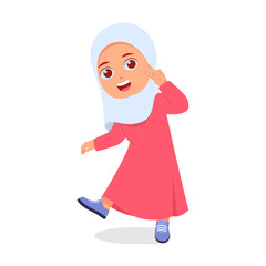 Cute girl smiles broadly, with two finger pose expression