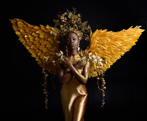  fantasy portrait of beautiful african woman model with afro, goddess silk robes, ornate crown &...