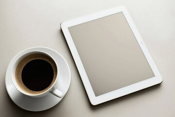 Fototapeta na wymiar tablet mockup with coffee on the table, generative ai