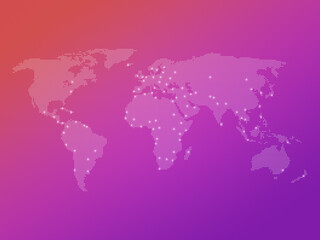 Dotted world map with many highlighted capital cities on a vibrant orange to purple color gradient background. High resolution modern, clean and colorful world map.