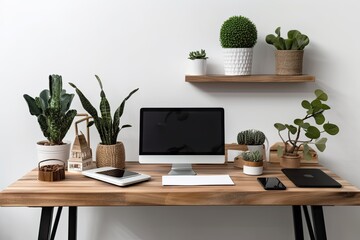 Vertical wooden table with all in one computer, mouse, keyboard, smartphone, iPad, and cactus plants. Generative AI