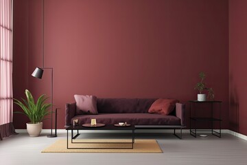 Minimalistic luxury living room interior in burgundy color, with furniture and plants. Generative AI