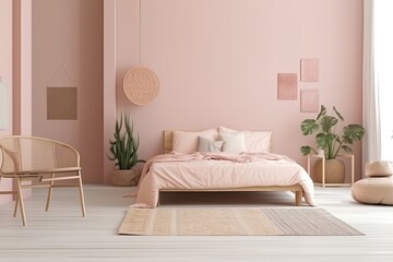 Interior of a minimalist bedroom in solid pastel colors beige and pink with furniture and plants in the room. Generative AI