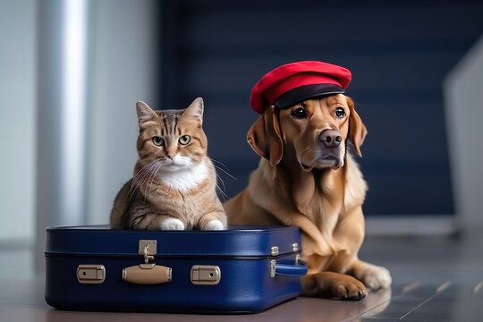 Animals With Luggage At The Airport, A Cat And A Dog Waiting For Travel. Generative AI