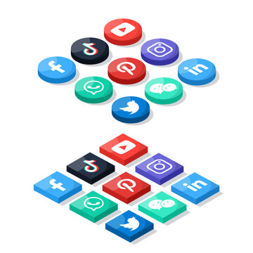 Colecci&oacute;n de botones isom&eacute;tricos de redes sociales populares 