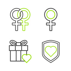 Set line Heart with shield, Gift box and heart, Female gender symbol and icon. Vector