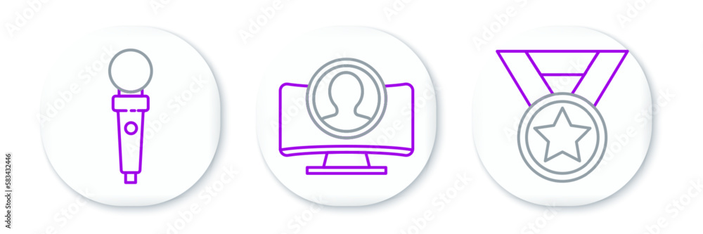 Poster set line medal, joystick for arcade machine and create account screen icon. vector