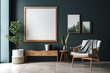 Interior design of a contemporary living room featuring a mock up poster frame, a chair, a wooden toilet, and contemporary housewares. colored wall. Template. Copy space housing staging. Generative AI