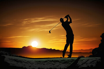 Silhouette of man swinging golf club, generative ai