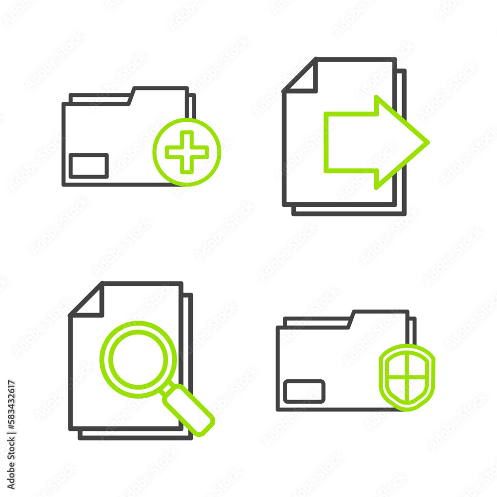 Poster set line document folder protection, with search, next page arrow and add new icon. vector
