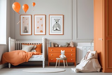 A contemporary children's room with a comfortable bed and soft toys, an orange children's room mockup with a blue recliner,. Generative AI