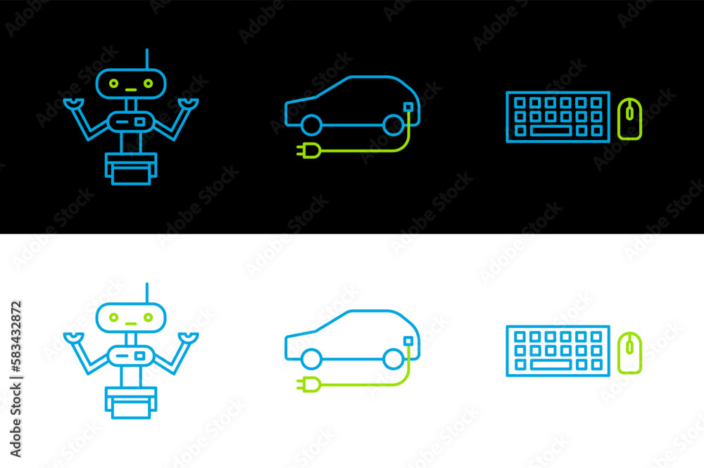 Poster set line keyboard and mouse, robot and electric car icon. vector
