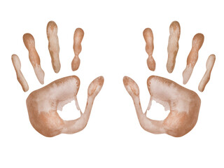 Watercolor illustration. Hand painted brown handprints of people. Man, woman, child print. Palm with fingers: thumb, index, middle, ring finger, pinky. Human body part. Isolated clip art for posters