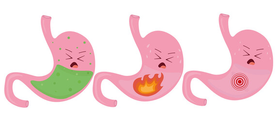 Set stomach heartburn pain poisoning fire illustration