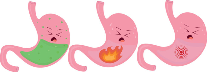 Set stomach heartburn pain poisoning fire vector illustration