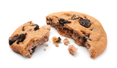 Pieces of delicious chocolate chip cookie isolated on white