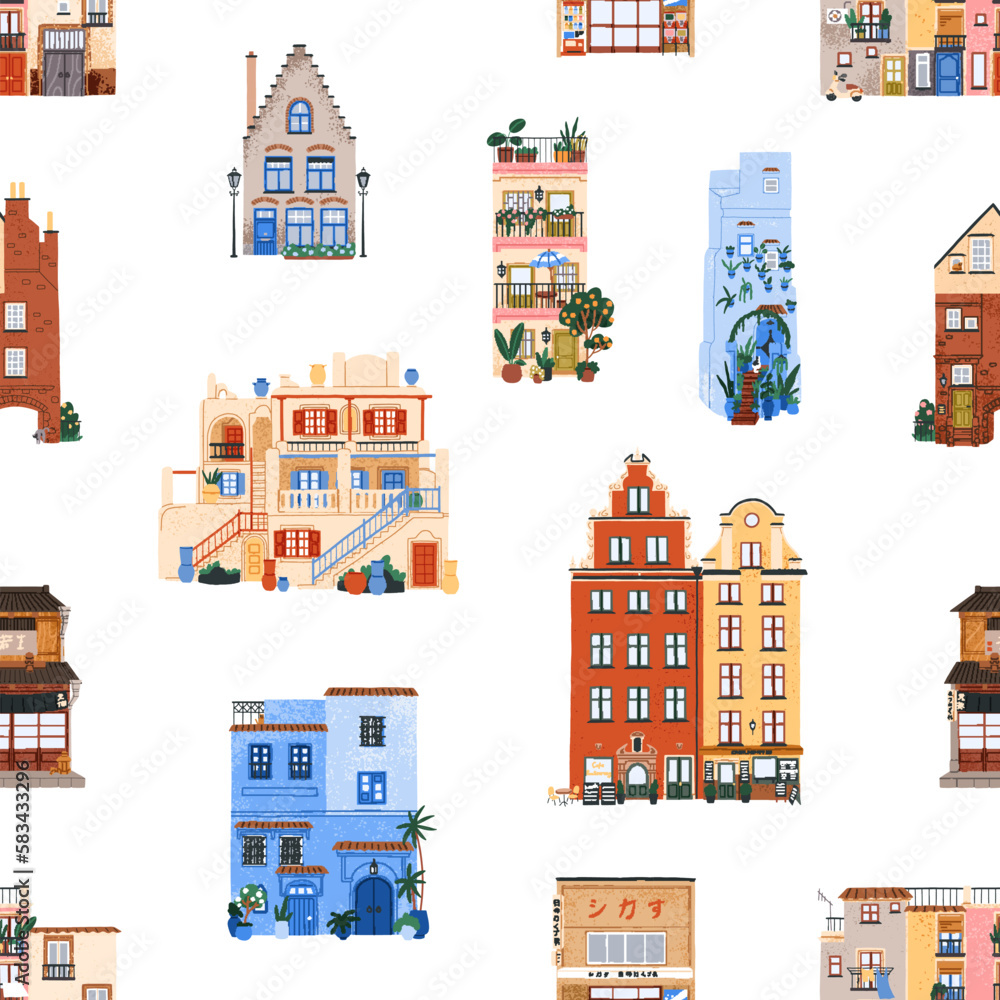 Poster Architecture pattern. Seamless background, cozy old houses of different countries. Repeating print design, European and Asian home buildings. Flat vector illustration for fabric, textile, decoration