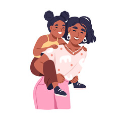 Happy kid riding on mothers back. Smiling laughing mom carrying daughter child. Joyful mum and girl having fun together, piggyback. Flat graphic vector illustration isolated on white background