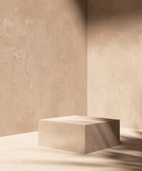 Brown cube, minimal empty pedestal podium in sunlight, palm leaf shadow on stucco texture corner...