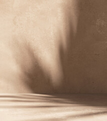 Modern empty pastel brown concrete counter table top in sunlight, palm leaf foliage shadow on stucco texture wall for luxury organic cosmetic, skincare, beauty treatment product display background 3D