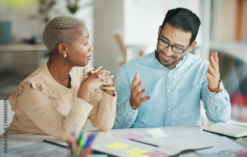 Aufkleber collaboration, strategy or meeting with a business team talking about an idea in an office at work. 