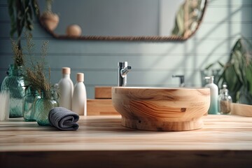 Bathroom background with a blurred wooden counter and a primary visual arrangement. Generative AI