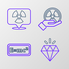 Set line Diamond, Equation solution, Radioactive and in location icon. Vector