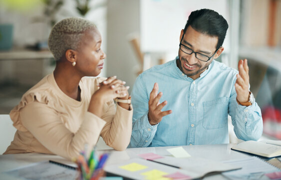 Collaboration, strategy or meeting with a business team talking about an idea in an office at work. Teamwork, planning and documents with professional people brainstorming to explain workflow