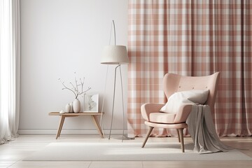 Mockup of a modern minimalist room with a plaid chair for your design. This mockup can be used to exhibit your artwork as wallpaper or on a wall. Generative AI