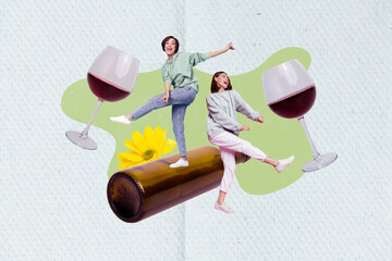 Creative collage image of two overjoyed carefree mini girls dancing chilling huge wine bottle glass...